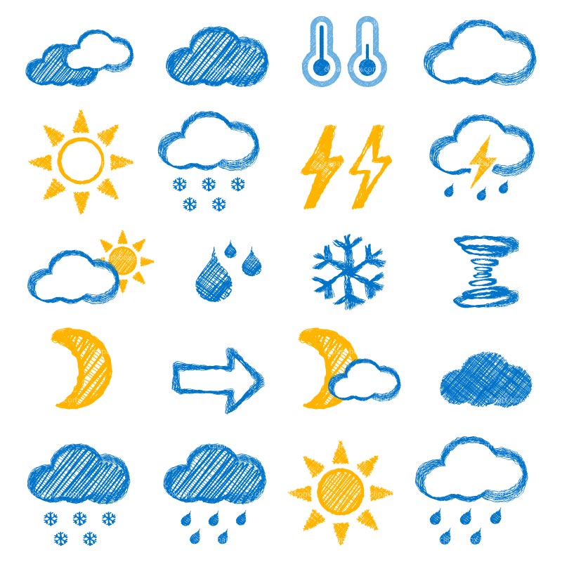 icons of different weather elements like sunny, rainy, cloudy, stormy
